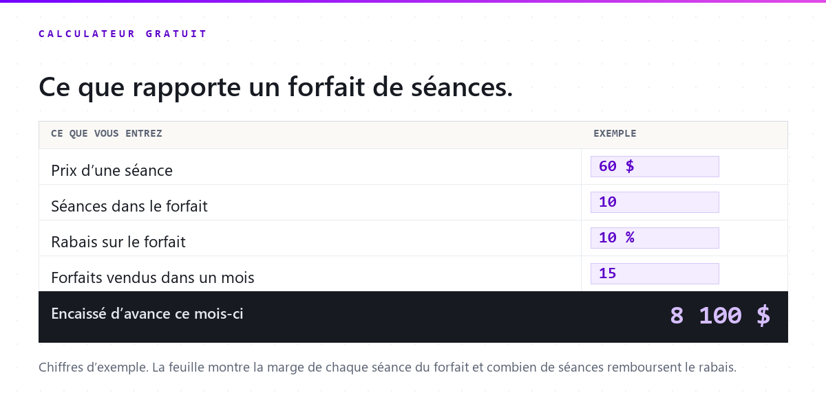 Recevez le calculateur de forfaits en chiffrier
